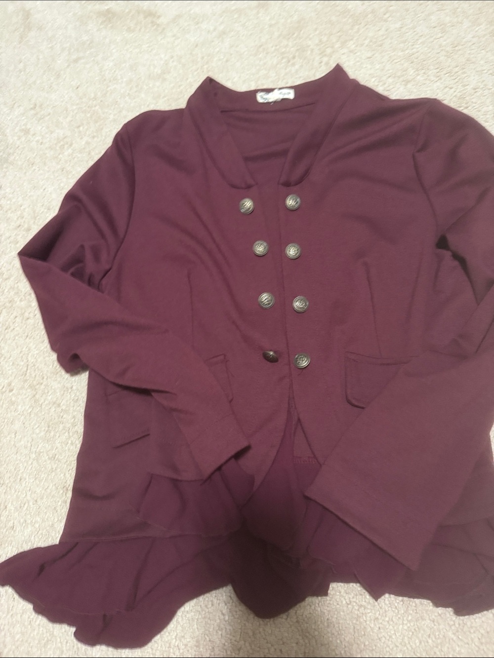 About A Girl Double-Breasted Ruffled Hem Jacket - Plum